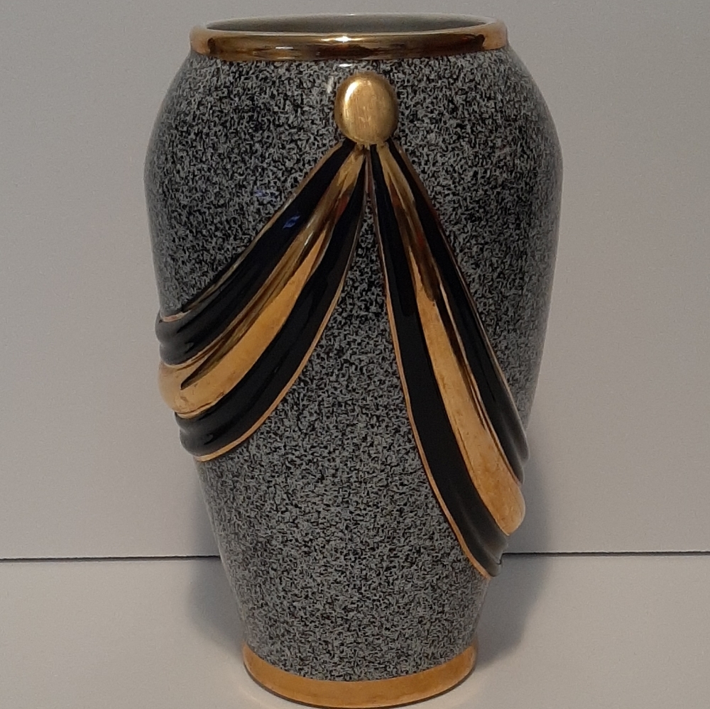 Vintage MCM Black Gold & Cream Thick Ceramic Flower Vase 10 1/4" High